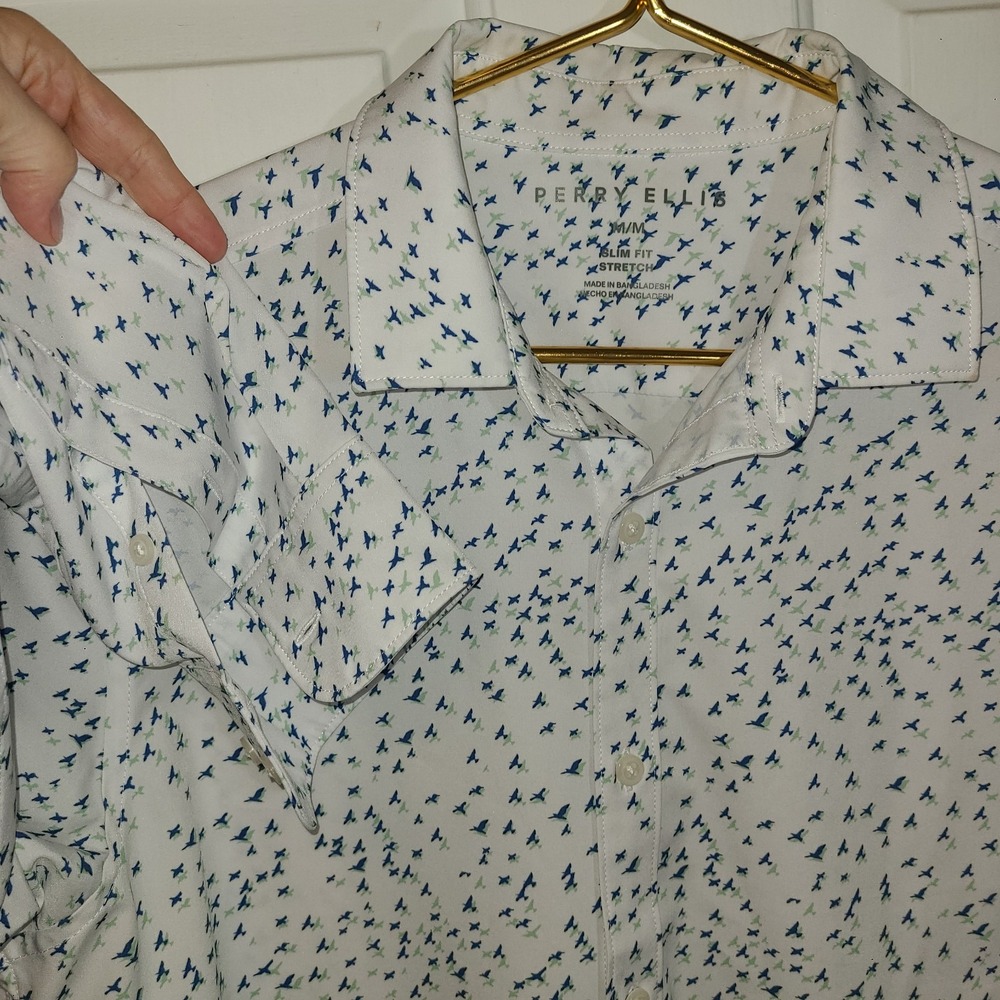 Perry Ellis Mens Slim Fit Stretch Long Sleeve Button Down Shirt White Birds Med